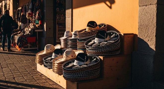 Traditional Mexican straw hats stacked on wooden display near market stall, Cinco de Mayo cultural heritage, vibrant yellow wall background, artisan craftsmanship