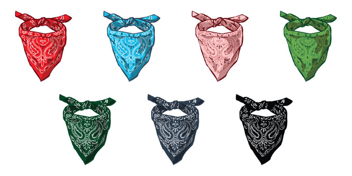 Traditional paisley neckerchiefs for apparel design. This triangle bandana mask set is essential for cowboy, biker, and urban streetwear style visualizations or identity branding.