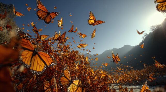 Monarch Butterflies in Vast Migratory Flock Taking Flight Against a Majestic Mountain Sky