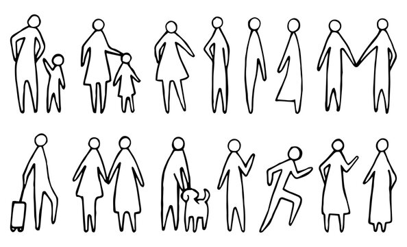 Hand draw Vector, png standing and acting of people for architectural, people sketching. Clip art of diverse people figures. line art architectural scales for sketches, diagrams, and site plans.