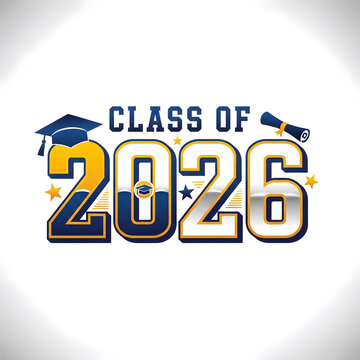 Graduation cap and diploma with class of 2026 gold and blue text on white background