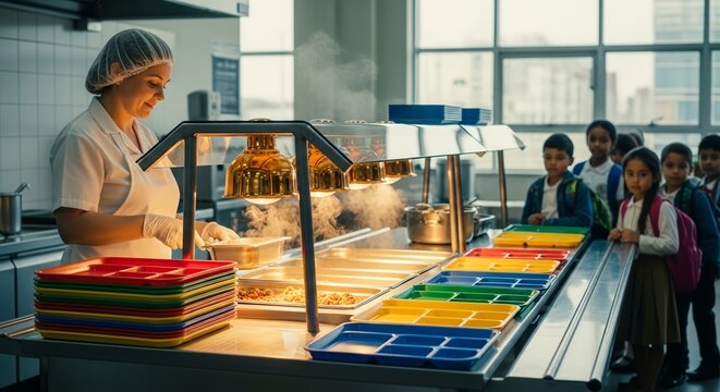 Diverse primary school children eagerly queue for healthy and warm meals served by a kind cafeteria worker during lunchtime in a modern, bustling school setting