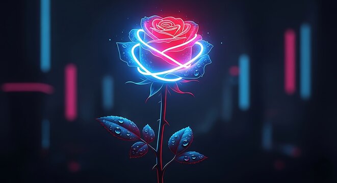 A glowing red rose with blue neon lights surrounds the flower in a dark room