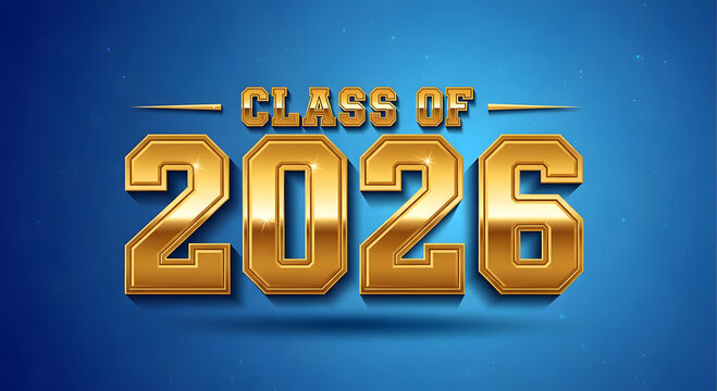 Golden 3D graduation year 2026 badge on blue gradient background