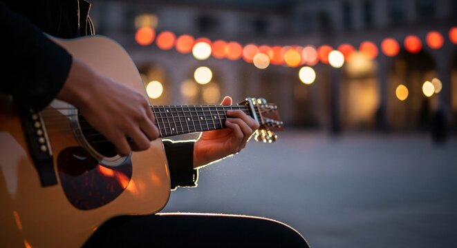 Person playing acoustic guitar outdoors at dusk, warm bokeh lights in background, creative music performance, evening street musician, heartfelt sound
