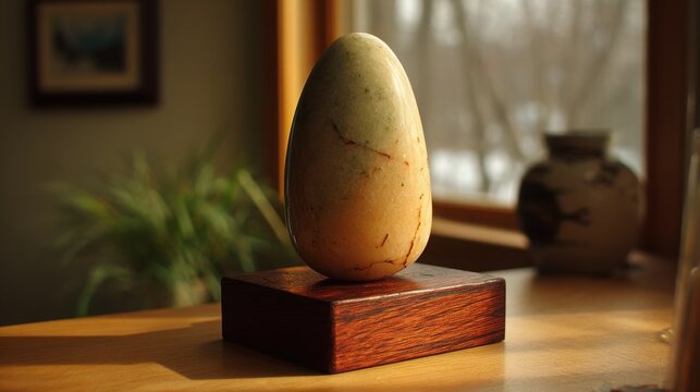 Polished pale jadeite stone egg with subtle inclusions rests on a warm wood display base