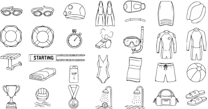 Hand-drawn vector outline icons set of swimming, aquatic sports, and beach equipment. Includes goggles, swimsuits, fins, pool accessories, and diving gear in a doodle style.