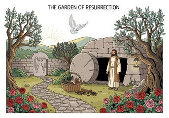 Fototapeta premium The Garden of Resurrection An illustration depicting Jesus standing by an open tomb with a dove flying overhead amidst a blooming garden and a stone door