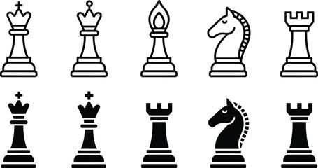 Chess pieces icon set, king queen bishop knight rook symbols, outline and solid styles, strategy game elements, vector illustration isolated on white background © Alexander