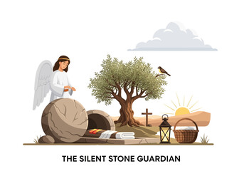 Fototapeta premium The Silent Stone Guardian An Angelic Vigil at the Empty Tomb with a Witness Bird