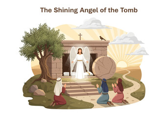 Fototapeta premium The Resurrection of Jesus A Radiant Angel Appears to Mourning Women at an Empty Tomb