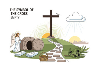 Fototapeta premium Easter Sunday scene with empty tomb, cross, and angel celebrating resurrection, symbolizing hope and new beginnings