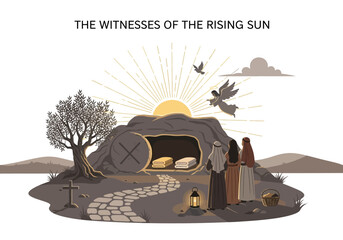 Fototapeta premium Easter morning Women discover the empty tomb as the sun rises, symbolizing resurrection and hope