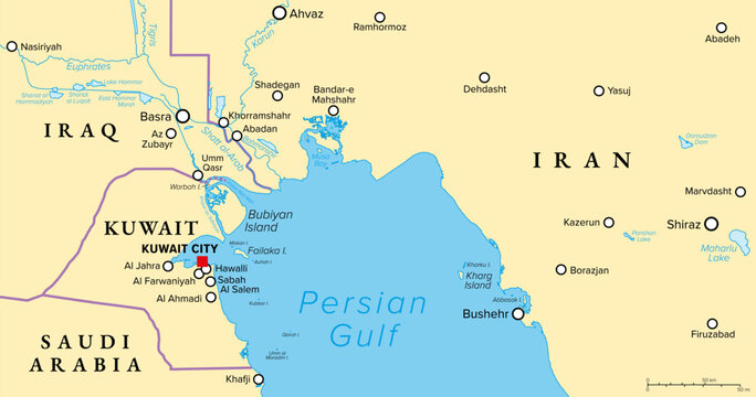 Head of the Persian Gulf, political map showing Kuwait, a country in West Asia and the Middle East, in the edge of Arabian Peninsula, with Bubiyan Island, part of the Shatt al-Arab river delta. Vector