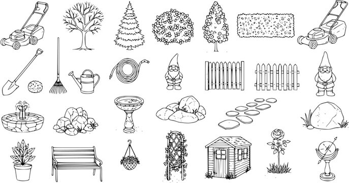 Line Art Set of Gardening Tools and Elements: Collection of Outdoor Garden Landscape Objects and Decorations Sketch
