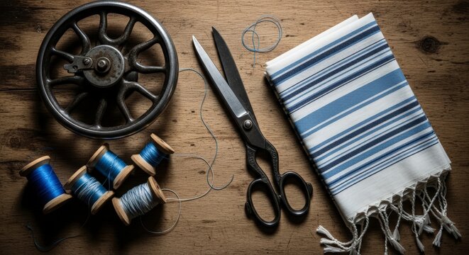 sewing tools and fabric on table.