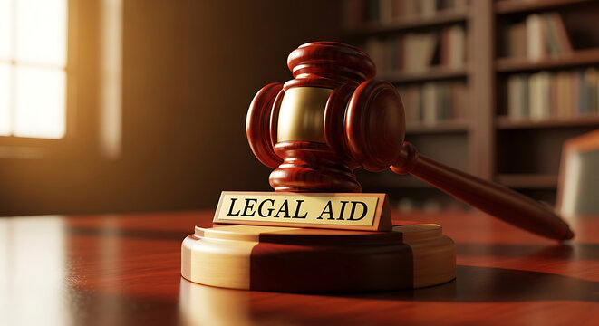 legal aid gavel resting on a polished desk in a formal law office with warm light symbolizing access to justice and legal services