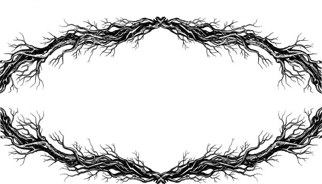 Abstract dark thorny branches forming oval frame on transparent background.