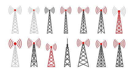 Fototapeta premium Radio antenna tower icons set for broadcasting and telecommunication signal transmission in flat minimalist design