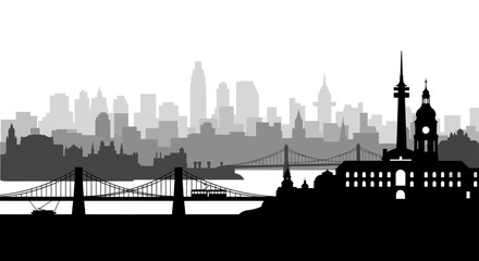 Obraz premium Modern city skyline silhouette with bridge and urban buildings illustrating metropolitan landscape and architectural travel destination