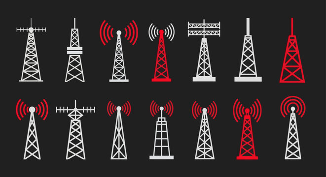 Mobile network tower icons on dark background with red signal waves representing cellular broadcasting and wireless internet connectivity