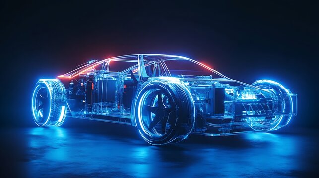 Transparent EV chassis x-ray showcasing battery modules on blue lights background