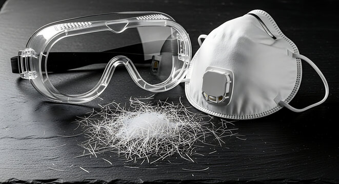 asbestos fibers near safety goggles and an n95 mask essential personal protective equipment for hazardous material protection.