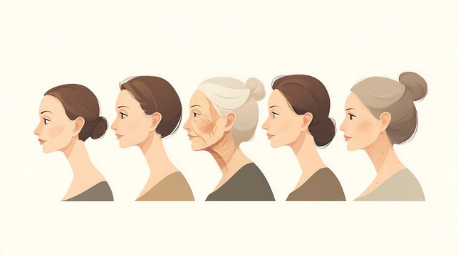 aging process timeline female faces, young to old progression, natural skin detail,