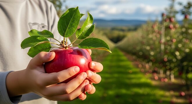 Freshly Picked Red Apple Held in Hands with Orchard Background.