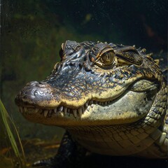 Obraz premium A close-up of a crocodile's head with a blurred green background