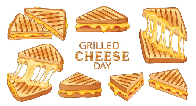 A whimsical vector illustration showcases various grilled cheese sandwiches with gooey, melted cheese on golden toasted bread, celebrating Grilled Cheese Day against a clean white