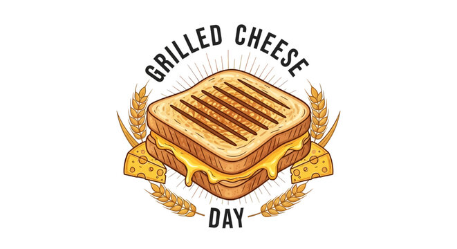 A vector illustration celebrating grilled cheese day features a close-up of a cheesy sandwich with golden toasted bread, surrounded by wheat stalks on a clean white background in a tasty