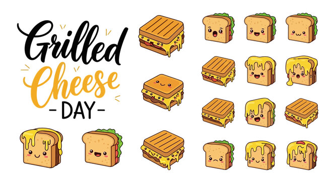 Cartoon vector illustrations celebrating Grilled Cheese Day feature a collection of cheesy sandwiches with smiley faces and dripping melted cheese, set against a clean white background