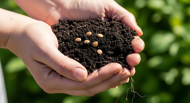 Hands Holding Soil and Seeds, Ready for Planting in Garden.