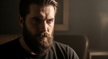 Fototapeta premium Intense Gaze - Portrait of a Bearded Man in Dramatic Lighting.