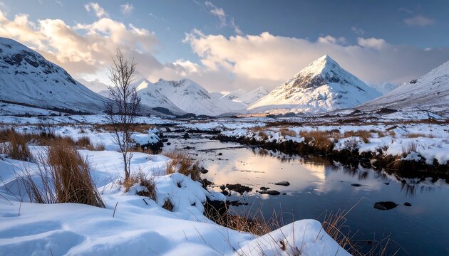 Scenic winter landscape featuring a snow-covered valley and the Buachaille Etive Mor