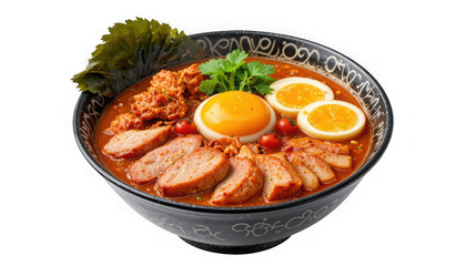 Fototapeta premium A steaming bowl of spicy ramen with sliced meat and boiled eggs on a black background