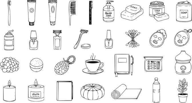 Self-Care  Beauty Products Doodle Collection. Hand-drawn Black and White Line Art Set of Spa, Wellness, Personal Hygiene Items, and Relaxation Essentials.