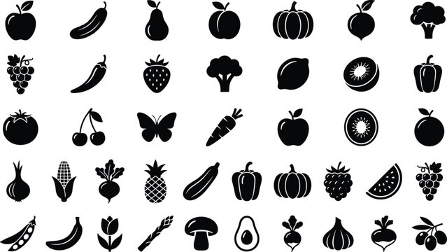 Big collection of black vector fruit and vegetable silhouette icons including apple tomato and broccoli isolated on white background for healthy food design