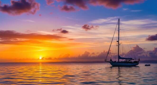 A serene sunset over a calm sea, with a sailboat gently bobbing on the water, silhouetted against the vibrant sky.