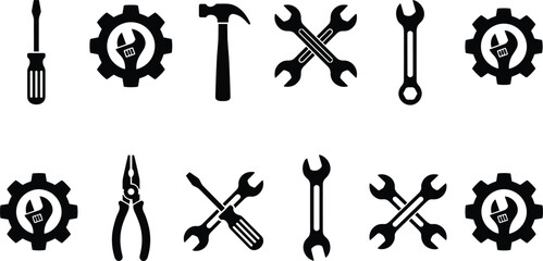 Fototapeta premium Big collection of black vector hand tool silhouettes and icons including wrenches hammer screwdriver and gears isolated on white background for repair service design