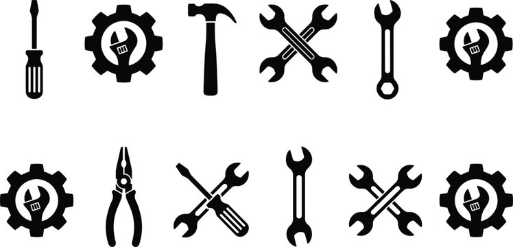 Big collection of black vector hand tool silhouettes and icons including wrenches hammer screwdriver and gears isolated on white background for repair service design