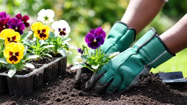 Hands planting colorful pansy flowers in garden soil with trowel