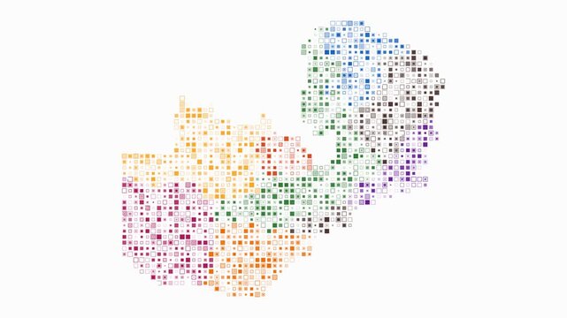 Zambia animated country shape. Pulsating colored dots on the map of the country. Small size square blocks. Digital style Zambia map on white background. Trending animation video.