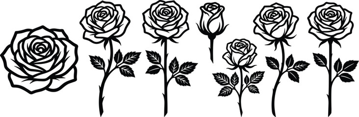 Collection of seven black vector rose flower silhouettes and line art including stems leaves and buds isolated on white background for botanical graphic design © Sourav