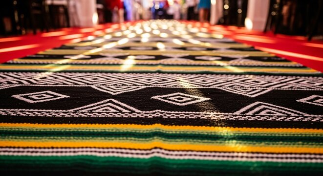 Traditional Mexican woven textile blanket with colorful geometric zig-zag and diamond patterns on a festive Cinco de Mayo table setting.