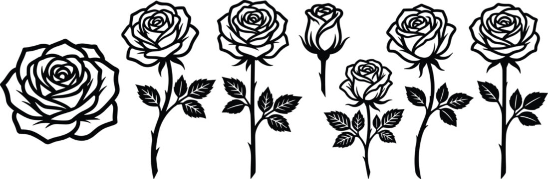 Collection of seven black vector rose flower silhouettes and line art including stems leaves and buds isolated on white background for botanical graphic design