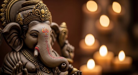 Fototapeta premium Majestic Ganesha Idol with Serene Candlelight Ambiance, Symbolizing Wisdom and Prosperity in a Spiritual Setting