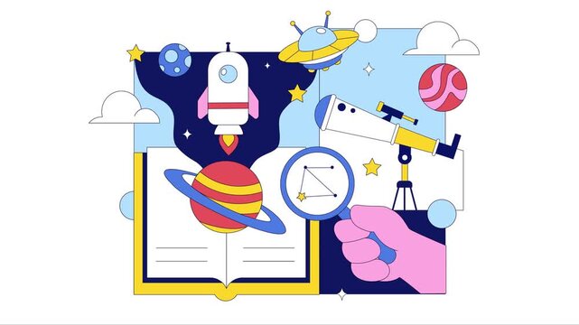Animation of Astronomy Vector Illustration Featuring People Observing a Starry Night Sky with Galaxies and Planets in Outer Space Through Telescopes
