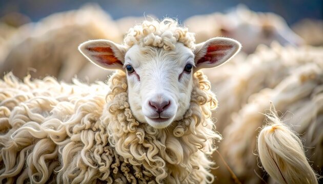 Close-up portrait of a sheep with curly wool.